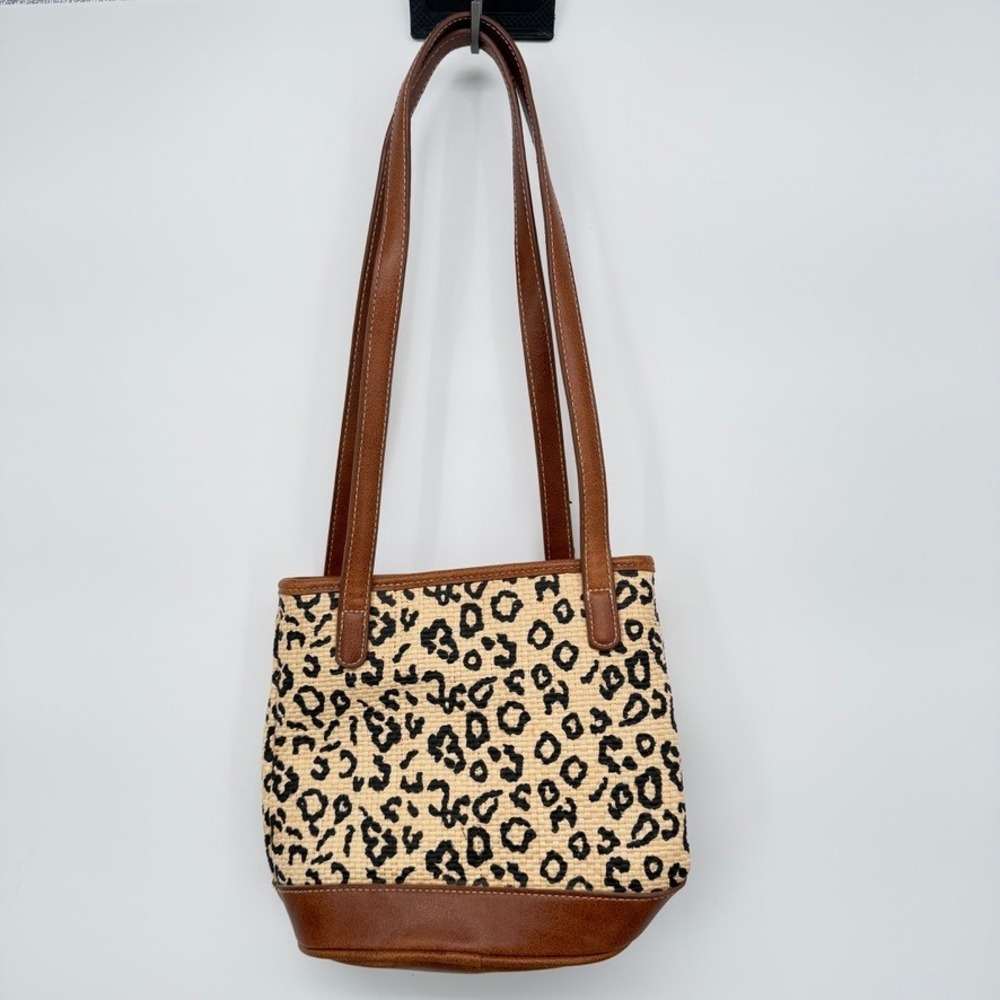 Liz Claiborne Shoulder Bag Leopard Print Straw Woven Brown Tan Small - Picture 14 of 14